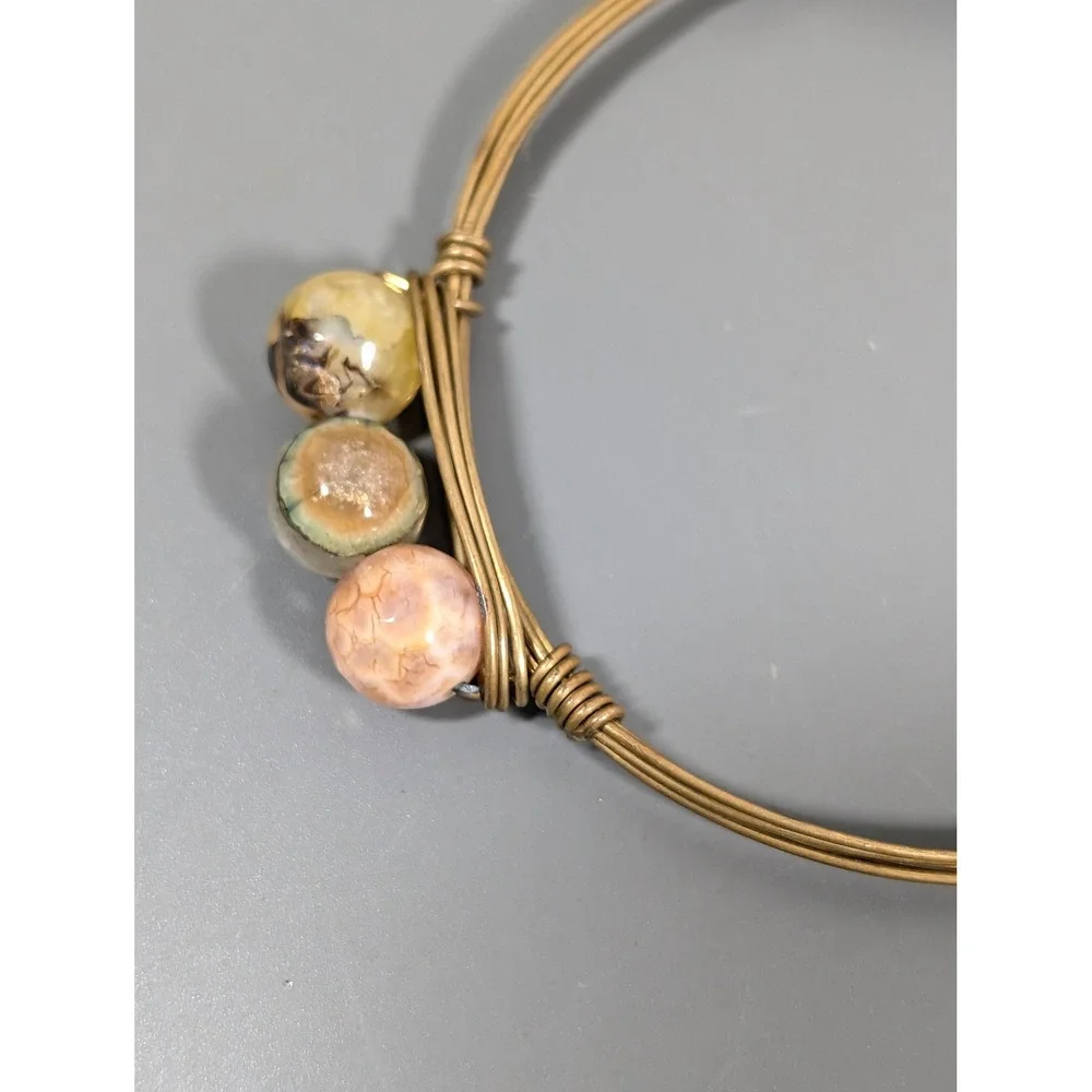 Wire Wrapped Stone Bead Bangle Bracelet Brass Tone Stackable Boho 8 Inch‎